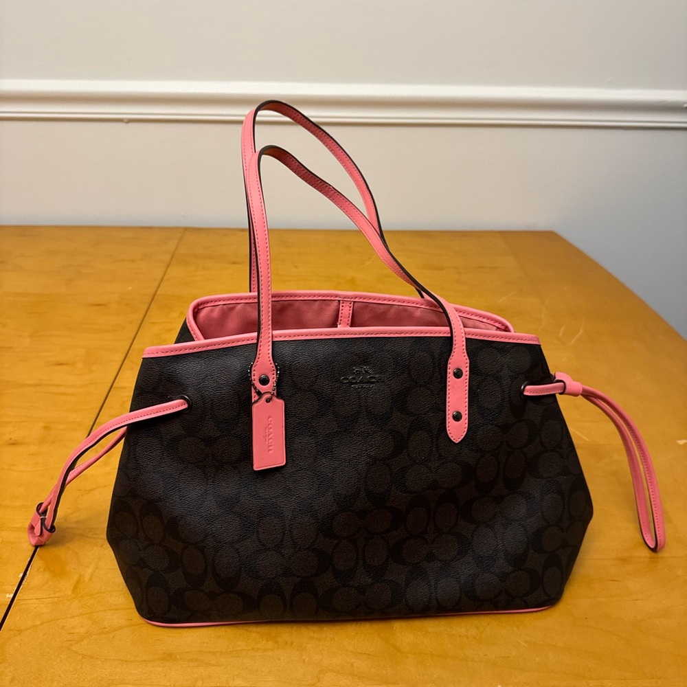 Coach Dark Brown Signature Tote with Pink Trim and Handles